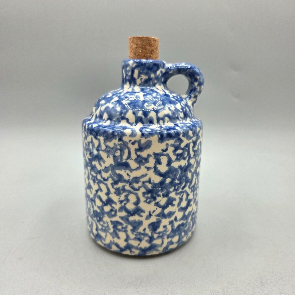 Spongeware Blue White Speckled Ceramic Jug Cork Stopper 5.5 Inch